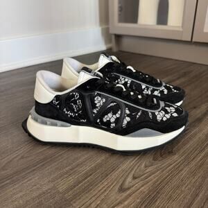 Valentino Garavani Lacerunner Black White Lace Suede Low Top Sneakers 37.5 Stud